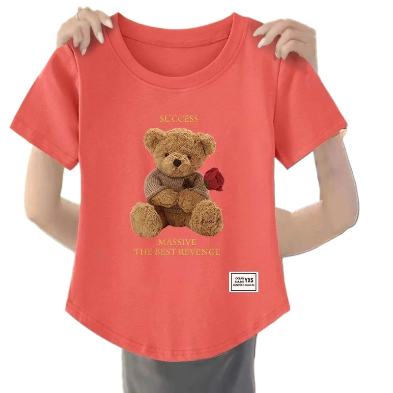 Single Pieces of Cotton Short-sleeved Women' Design Sense Niche Summer Bear T-shirt Loose Irregular Top Versatile Korean Version