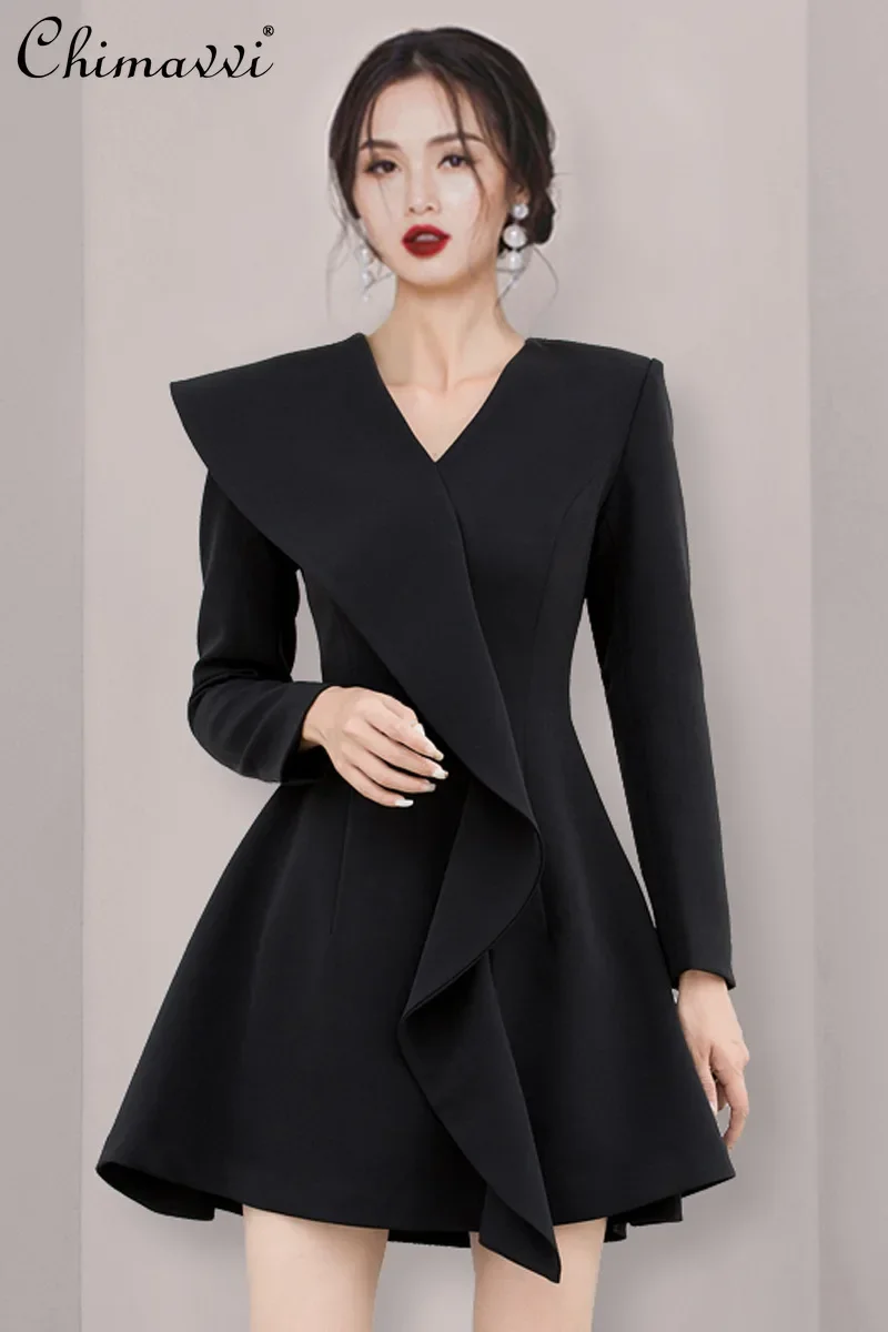 

French Style Temperament Commuter Ruffled V-neck Long Sleeve High Waist A-line Office Lady Short Black Dress Women 2024 Autumn