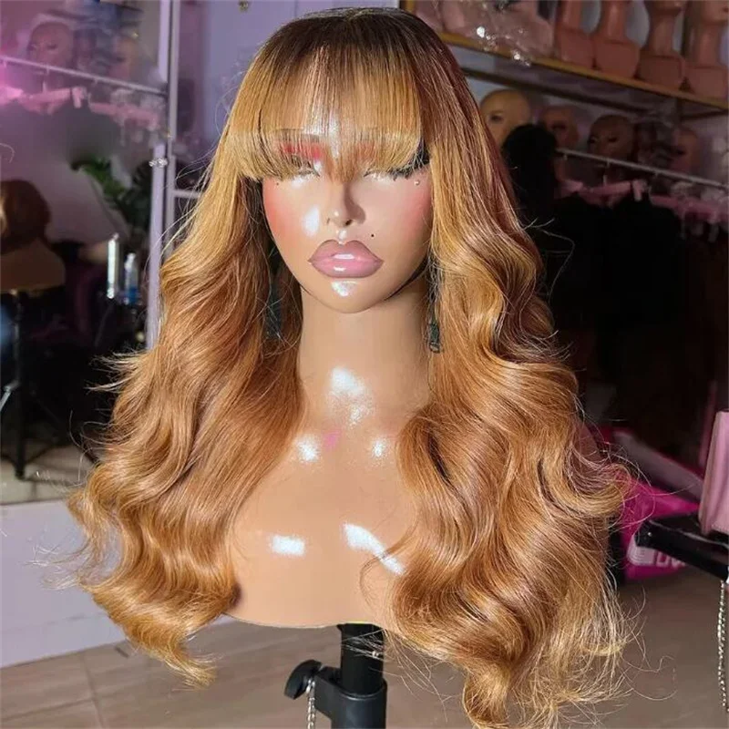 Perruque Body Wave avec Frange pour Femme, Haute Température, Cosplay, Sans Colle, Longue et Douce, Blonde Ombre, Marron, Densité 180, Machine, 26"