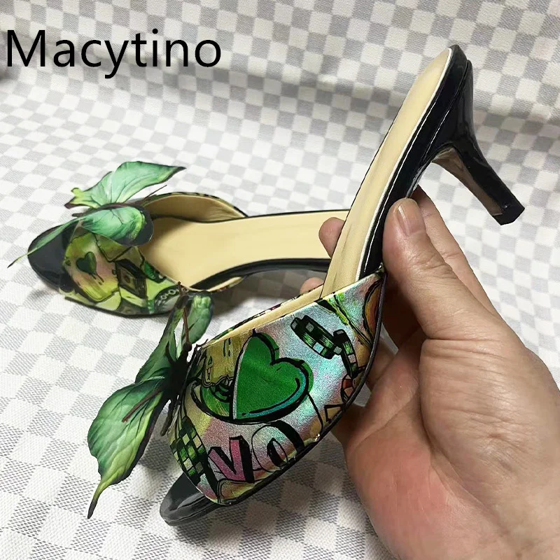 

2024 New Summer Butterfly Decoration Beautiful Thin Heel Open Toe Slippers Back Trip Strap Ladies High Heels