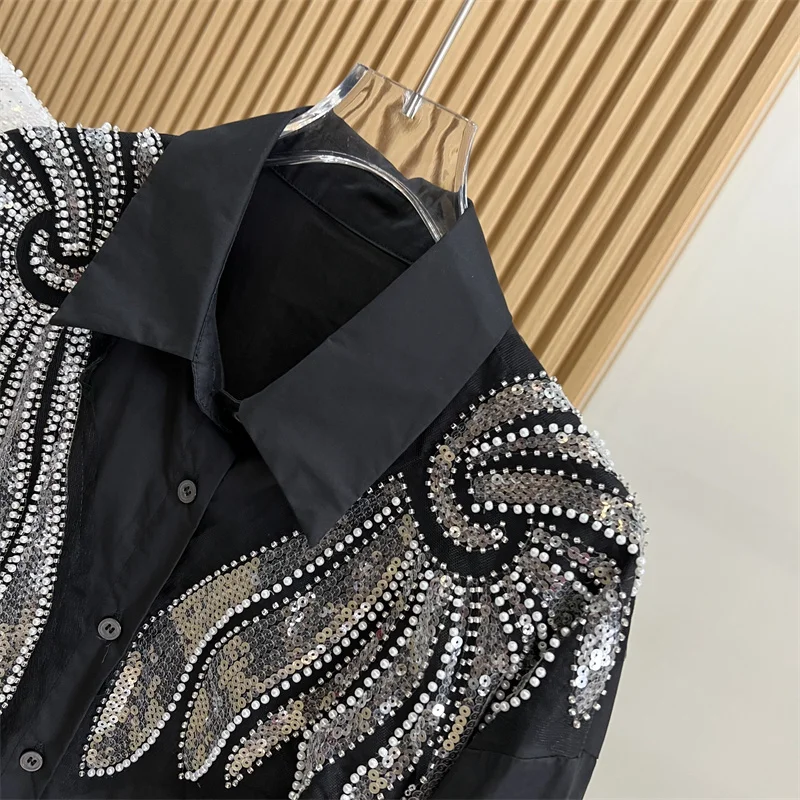 Luxury Sparking Wing Beaded Sequined Loose Shirts and Blouses for Women Autumn Spring Long Sleeve Long Top Female