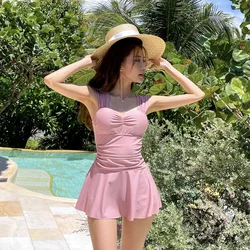 2025 Pink One Piece Swimsuit Women Swimwear Sexy Black Dress with Shorts Swimming Suit Korean Monokini Beach Bathing Suit Wear