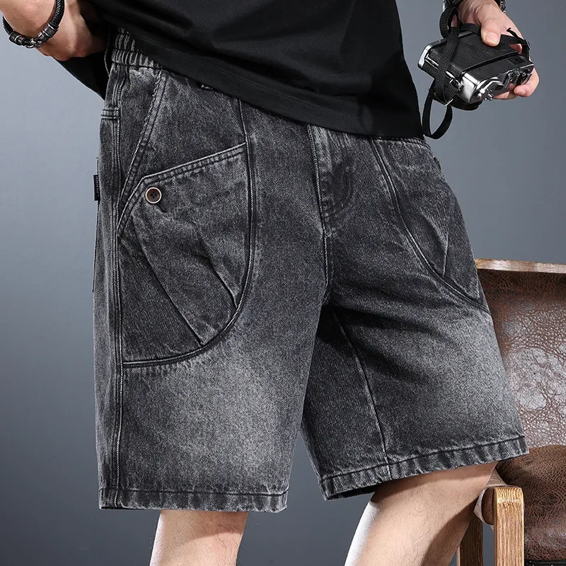 American Style Vintage Fashion Men Loose Fit Casual Loose Fit Multi Pockets Simple Basic Denim Shorts Male Knee Length Trousers