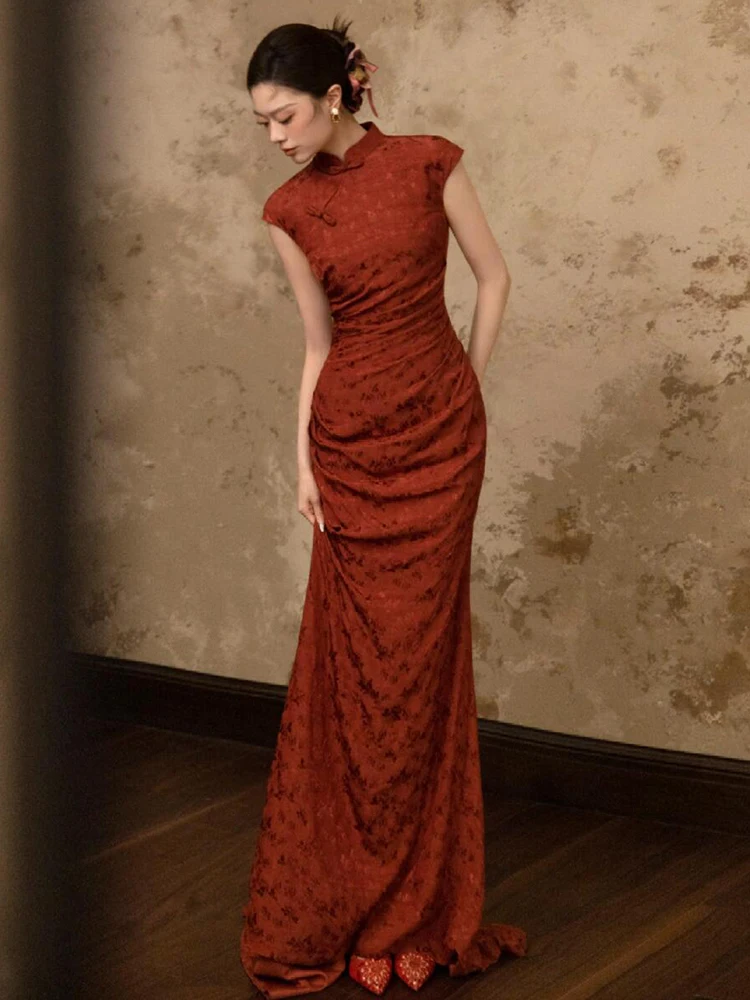 

Красное винтажное свадебное платье в новом китайском стиле, реформированное, в национальном стиле, с хвостом русалки, для церемонии возвращения домой, для невесты, для утренней церемонии бракосочетания.