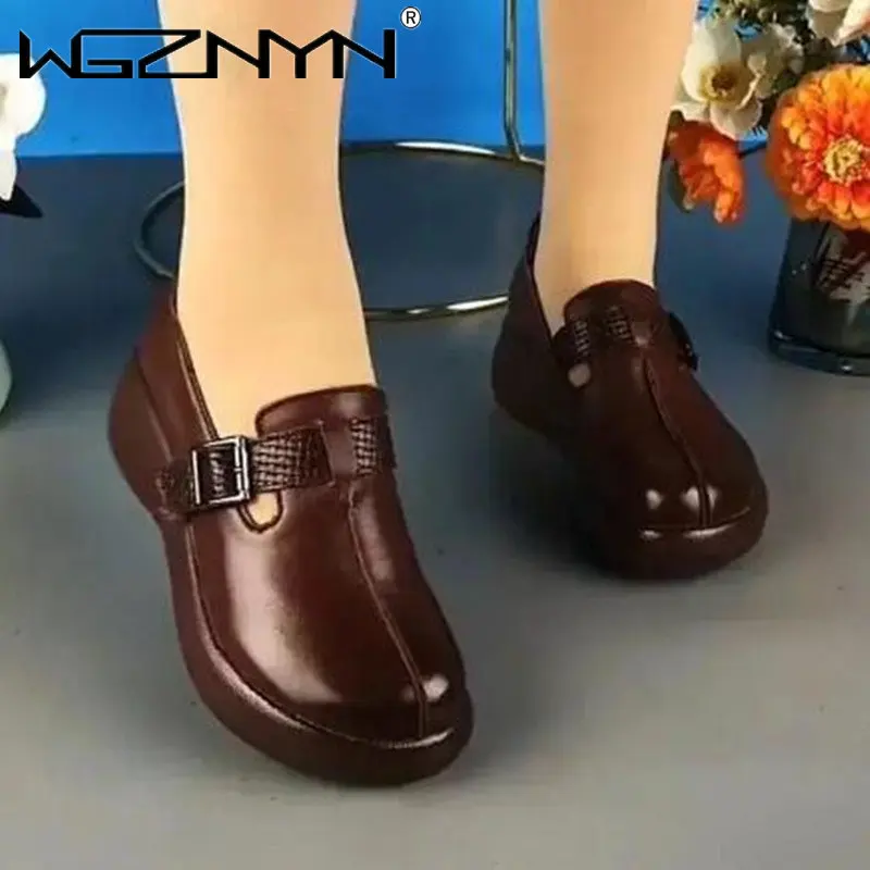 NEW Ethnic Women Retro Shoes Genuine PU Leather Platform Wedge Summer Women Plus Size Leisure Moccasins Sneakers Breathable Shoe