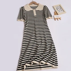 Women Casual Striped Contrast Color POLO Collar Dress Simple Short Sleeved Mid-Length Knit Dress New Summer Loose Straight Dress