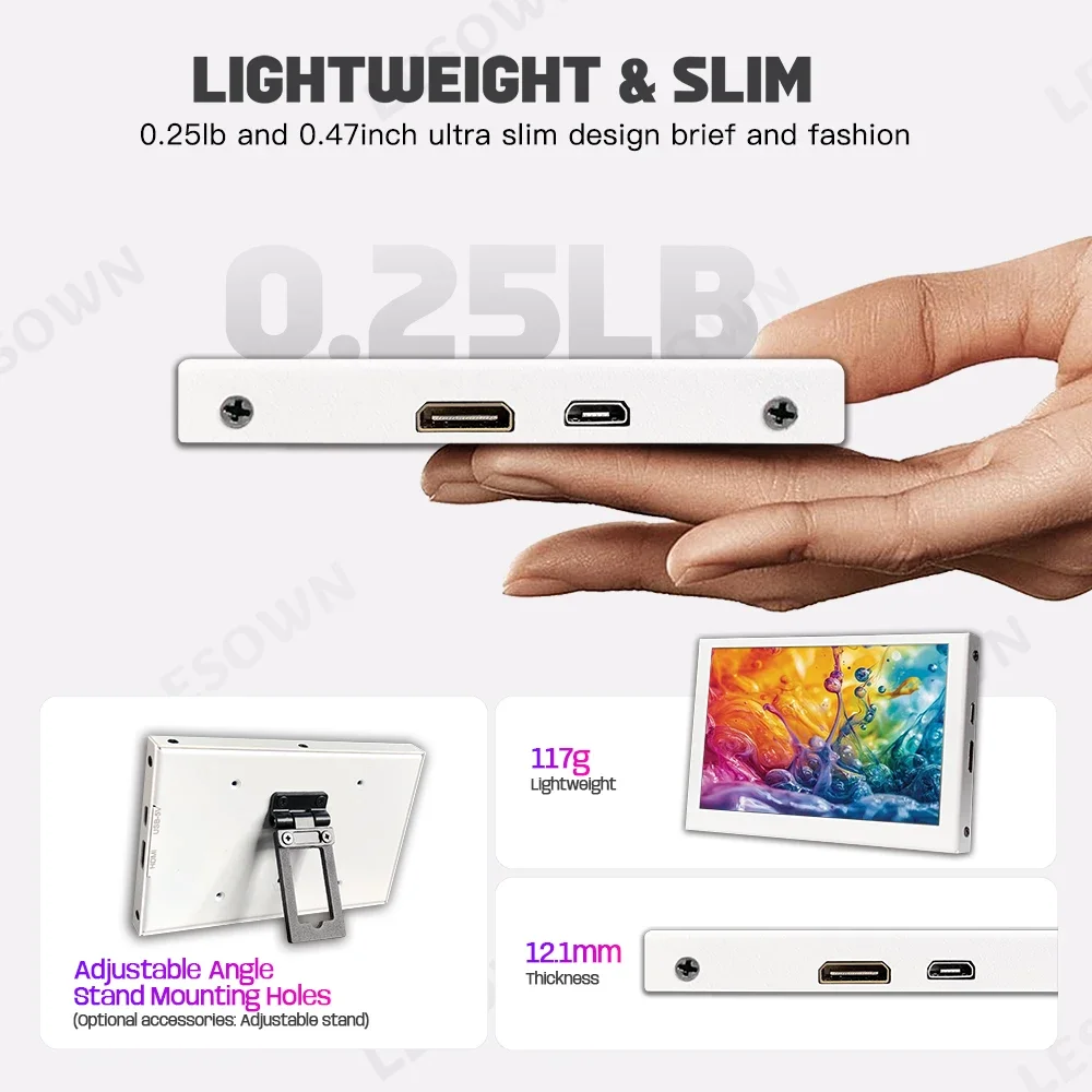 LESOWN Mini draagbare monitor 5 inch IPS klein display 480x800 HDMI 5V USB-aangedreven klein lichtgewicht statusweergavescherm Wit