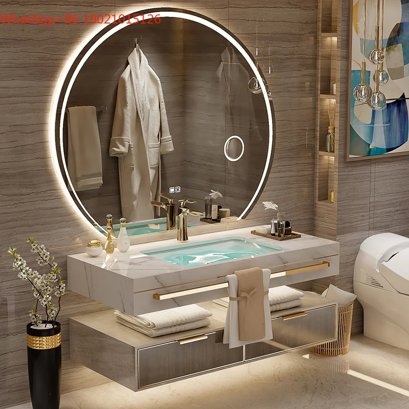 S7486 ss Light Luxury Solid Wood Stone Plate Seamless Basin Bathroom Cabinet Combination Smart Washbasin Wash Basin Double Basin