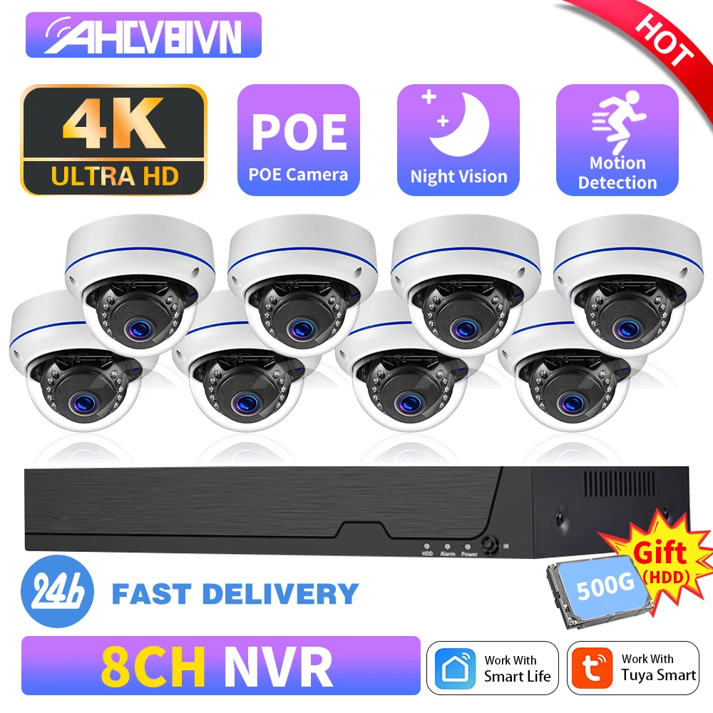 TUYA 4K Ultra HD POE Video Surveillance System 8CH NVR Recorder With 8MP Security Camera CCTV Kit Audio Recording Dome Ip camera