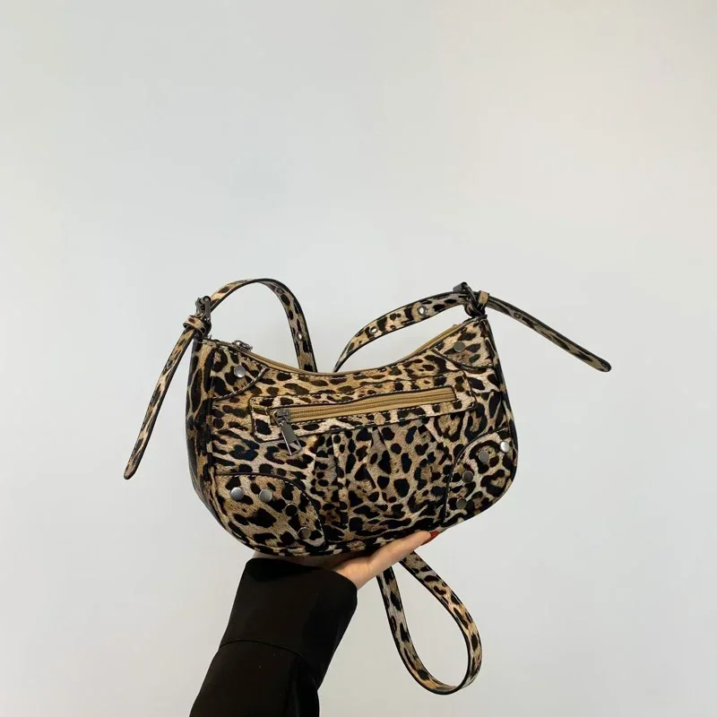 Leopard PU Zipper Rivets Sewing Fashion Shoulder Bag Individuality Crossbody Bag 2024 Hot Sale Bags for Women Bolsas Femininas