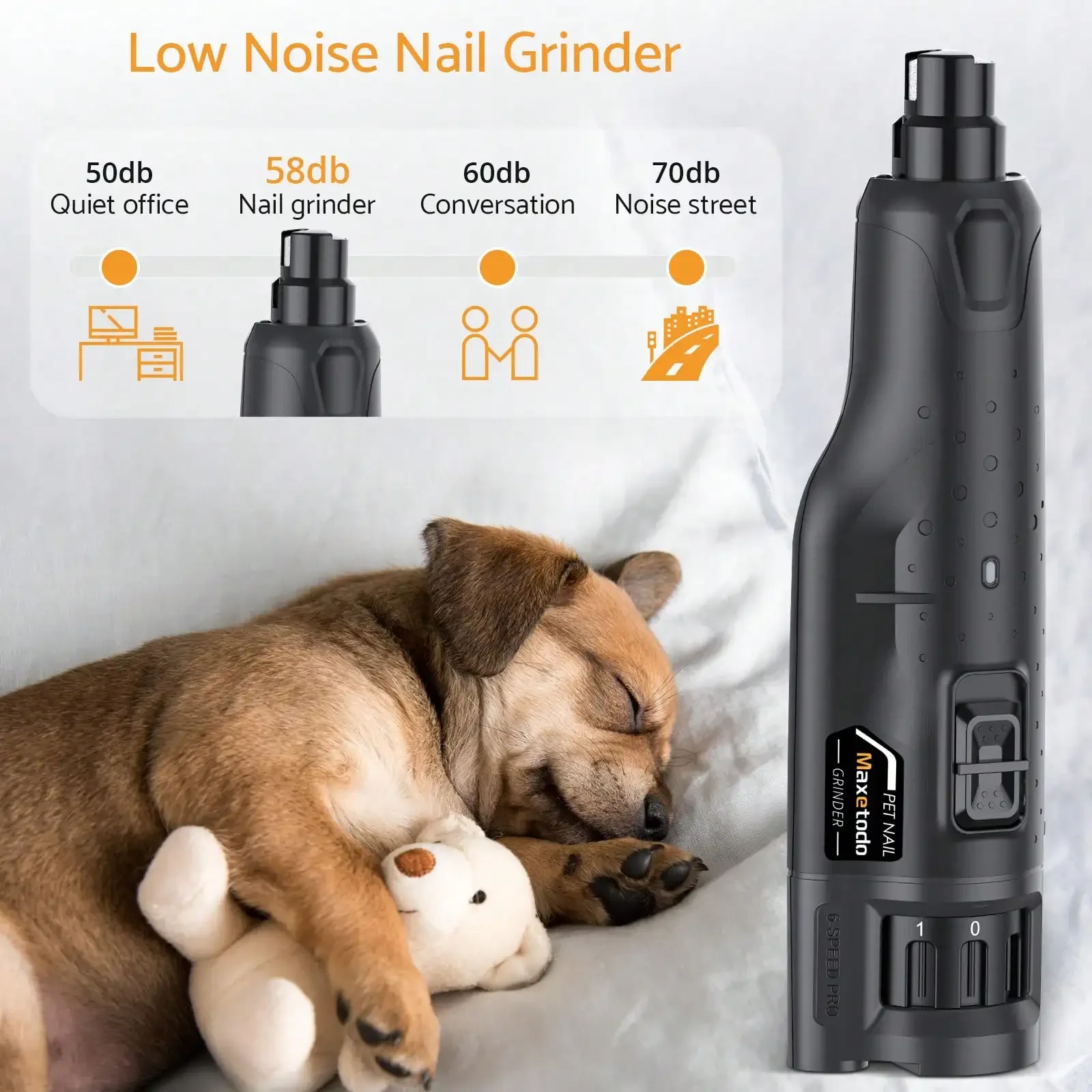 Pet Dog Nail Grinders Quiet 6 Speed USB Rechargeable Electric Dog Nail Trimmer with 2 LED Lights for Large Medium Small Dogs