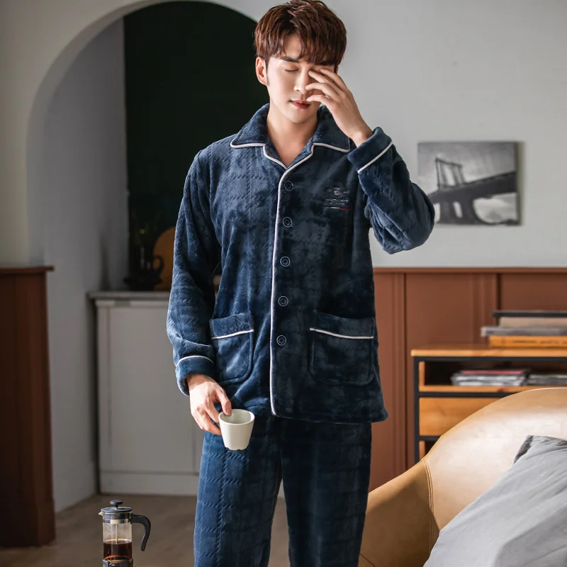 Winter Long Sleeve Thick Warm Flannel Pajama Sets for Men Coral Fleece Button Cardigan Sleepwear Suit Pyjamas Homewear Clothes