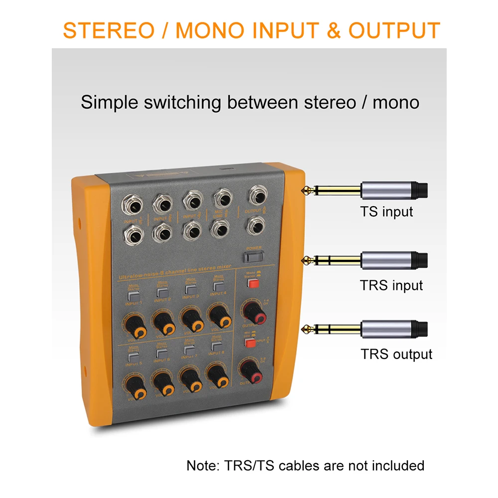 8-Channel Audio Mixer, Low-Noise Stereo Mono Switching, Guitar/Bass/Keyboard Mixer