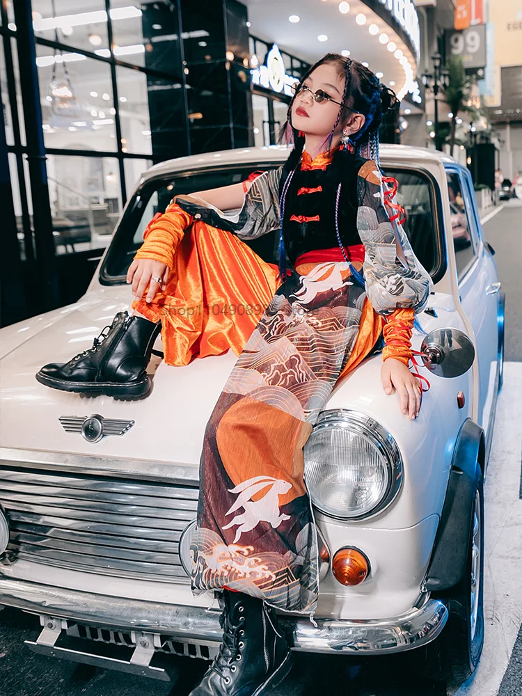 

Cool Clothes for Children Chinese Style Fashion Suit K-pop Stage Outfits Girls Runway Show Performance Dress Urban Dance