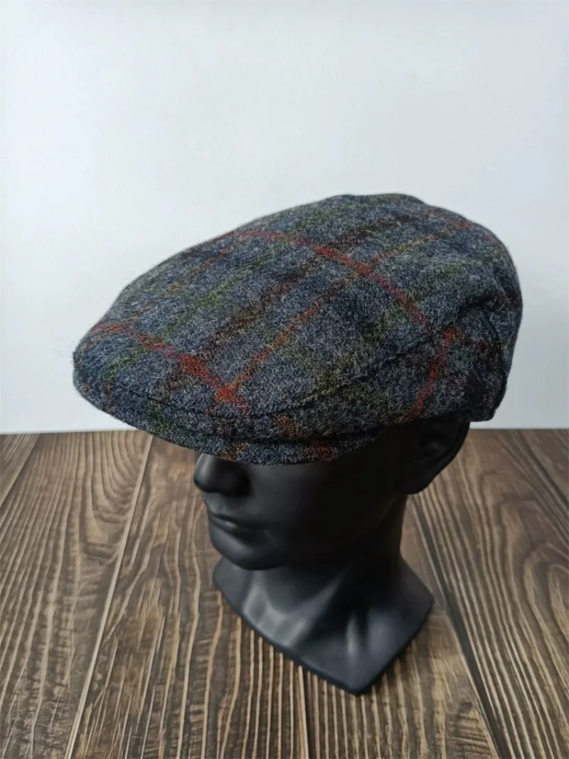 100-pure-wool-tweed-newsboy-cap-grey-blue-plaid-british-vintage-flat-duckbill-hat-big-head-56-61cm-retro-driving-cabbie-ivy-cap