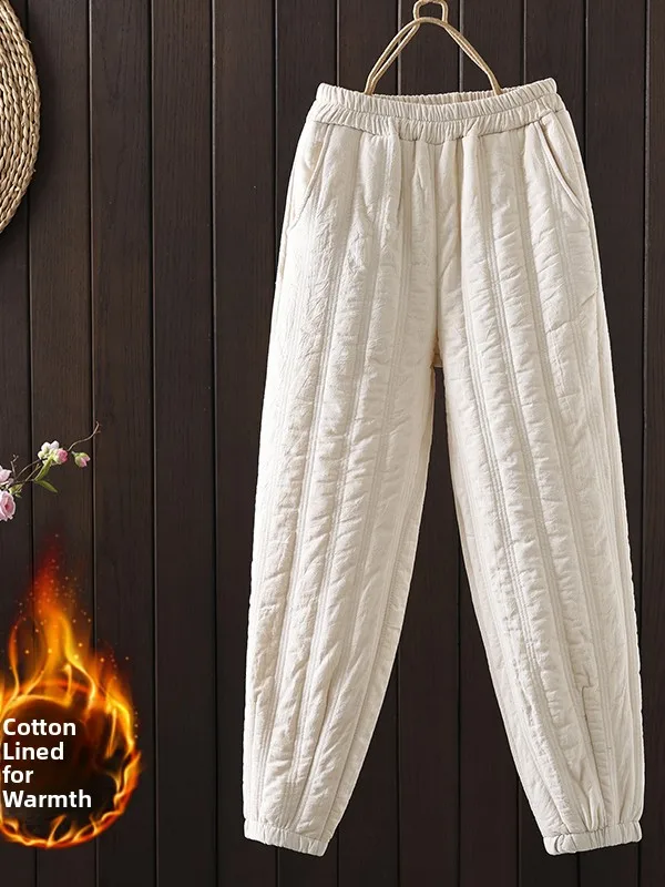 Winter Thiened Cotton Twill Boot Pants Women's Loose Stitched High Waist Cotton Trousers Artistic Casual Sle Small Footed...