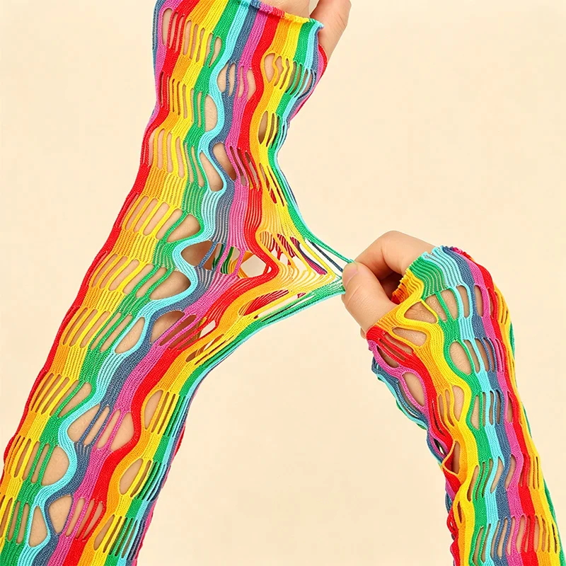 Rainbow Lacing Elastic Mesh Gloves for Women, Colorful Long Gloves for Festive Parties and Performances, Multicolored Fishnet