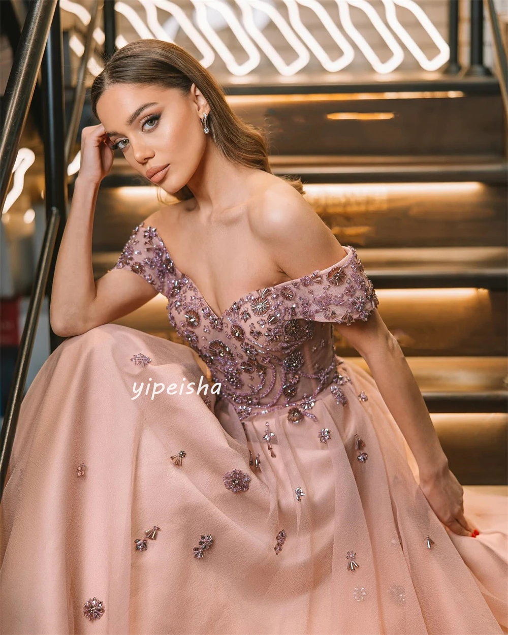  Evening Tulle Sequined Flower Beading Ruched Evening A-line Off-the-shoulder Bespoke Occasion Gown Midi Dresses