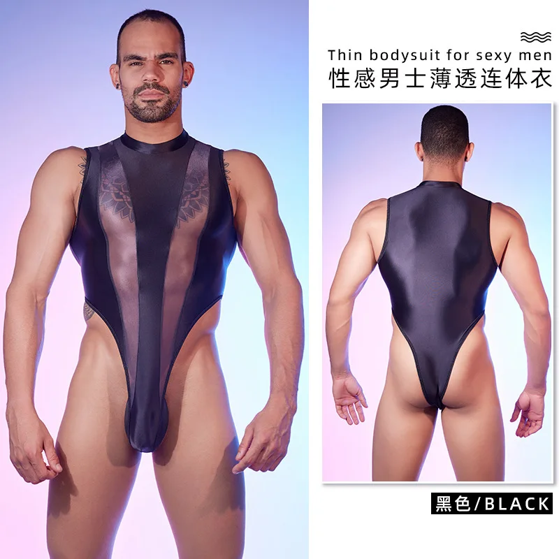 Glossy See Through Sexy Mens Bodysuit Undershirts One-piece Jumpsuit Romper Fitness Leotard Male Underwears