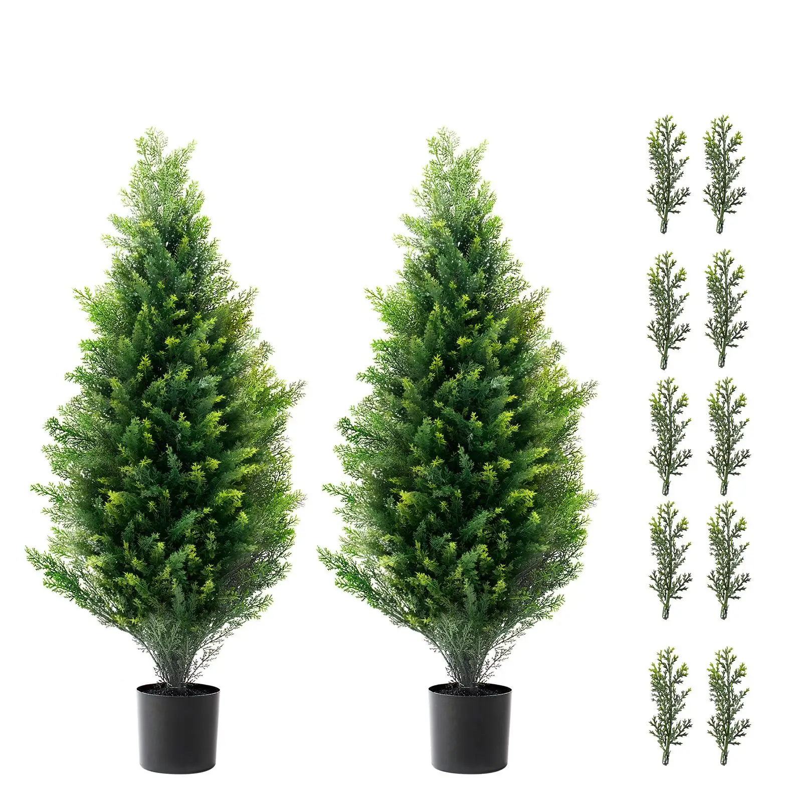 2 Piece Artificial Cedar Topiary Tree Set 36 Inch Tall Faux Evergreen Cypress Plants with Pots Extra Leaves UV Rated Indoor Outdoor for home Garden Decor