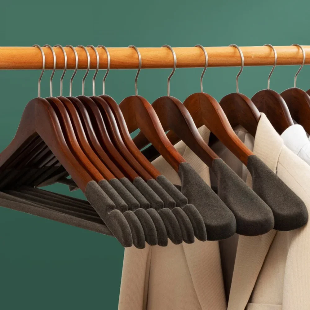 Heavy Duty Velvet Clothes Hanger 5PCS Reinforced Suit Hanger Men 55mm Wide Shoulder Traceless Wood Wardrobe Organizer