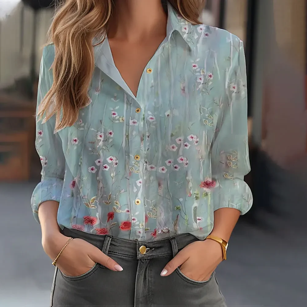 Women\'s New Loose Shirts Fashion Long Sleeve Shirt Elegant Face Print Sexy Blouse Spring Retro Button Top Women\'s Summer Clothes