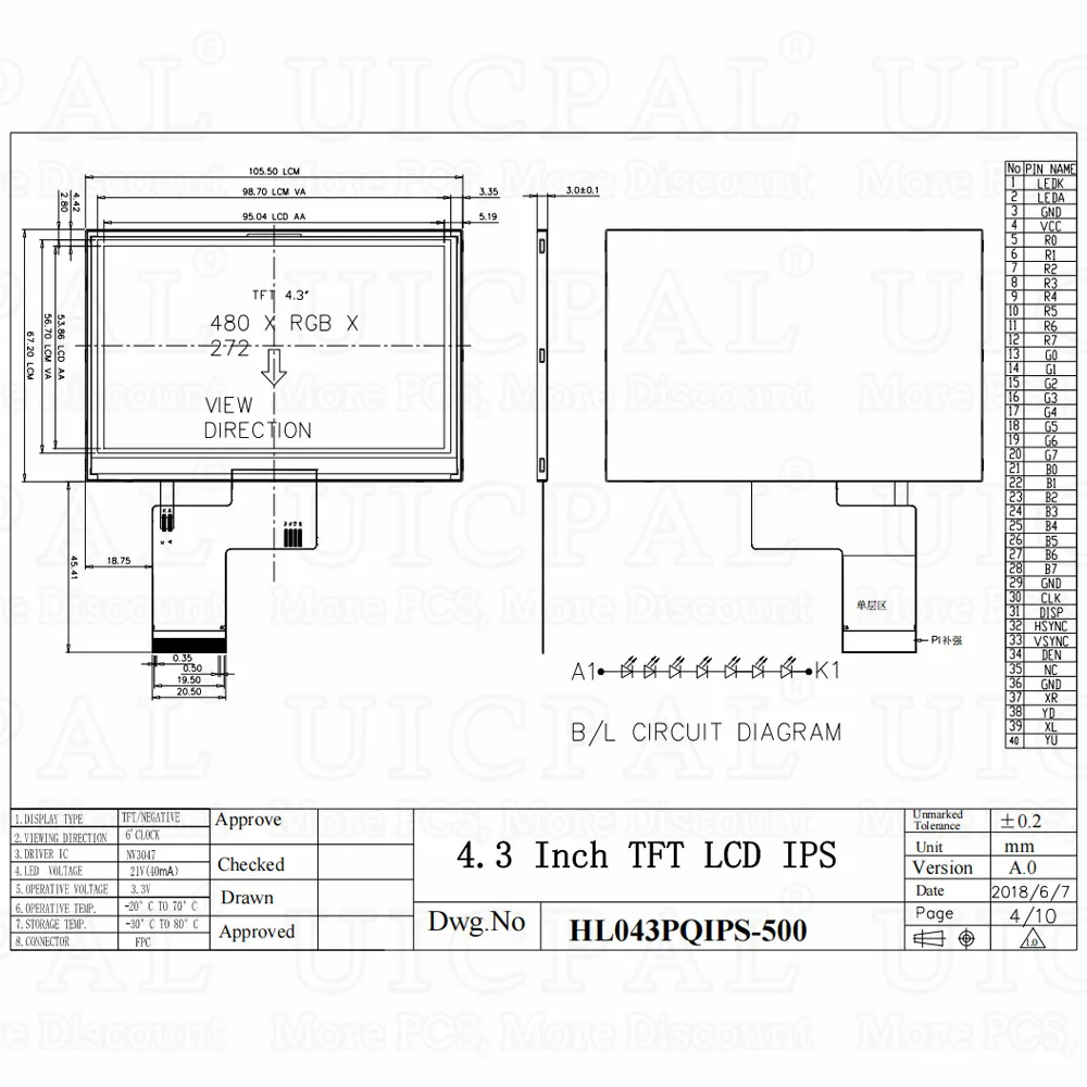 Módulo de tela LCD TFT de 4,3 polegadas IPS TN NV3047 Plug-in 40PIN Interface RGB de 24 bits 3.3V 500 1000 Luminância 480*272 HD
