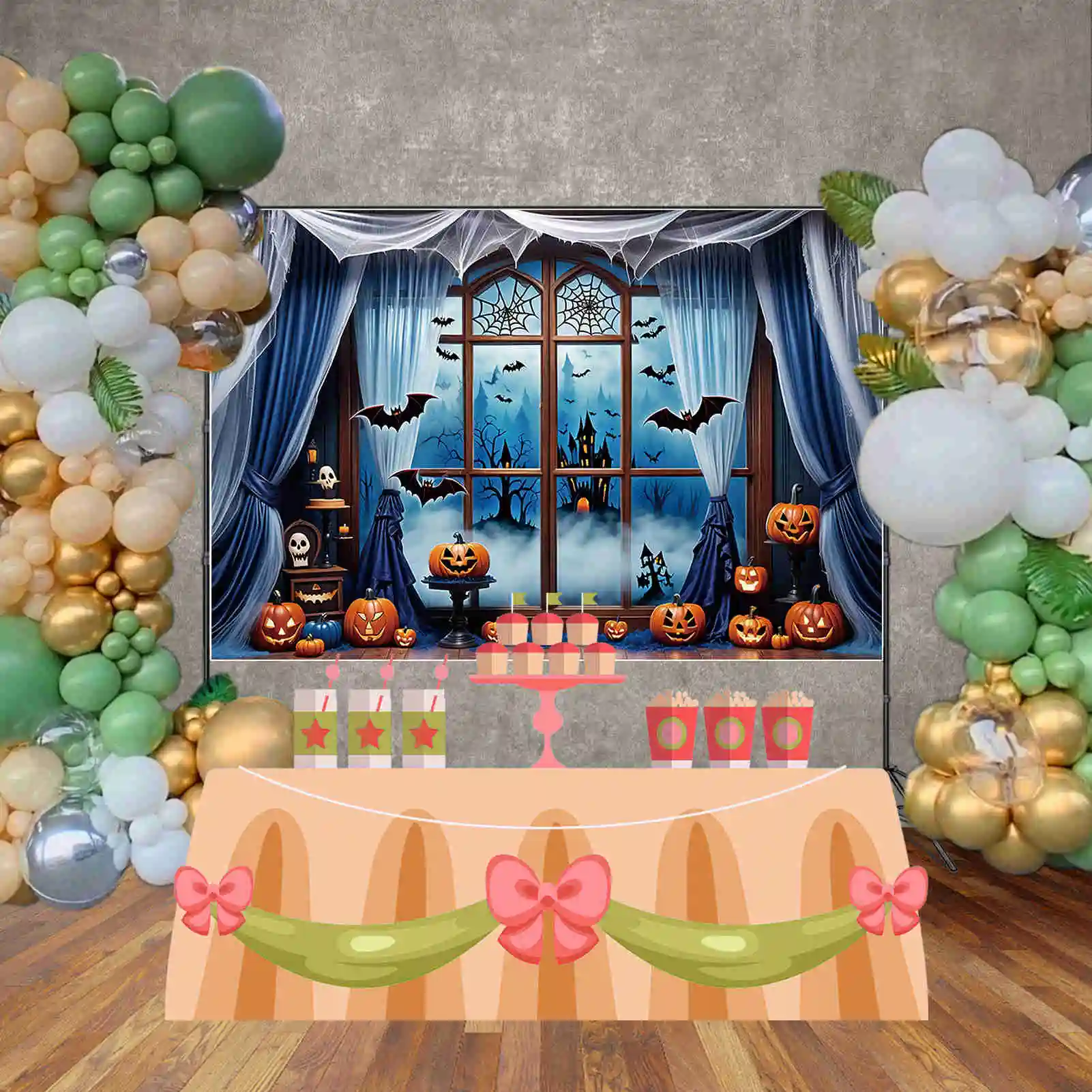 MOON.QG Хэллоуин Тыква фон синее окно занавеска дети Внутренние декорации на заказ фотозоны поставки