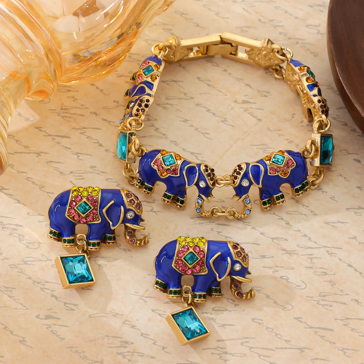 vintage enamel auspicious elephant metal bracelet stud earring  personality Geometry jewelry