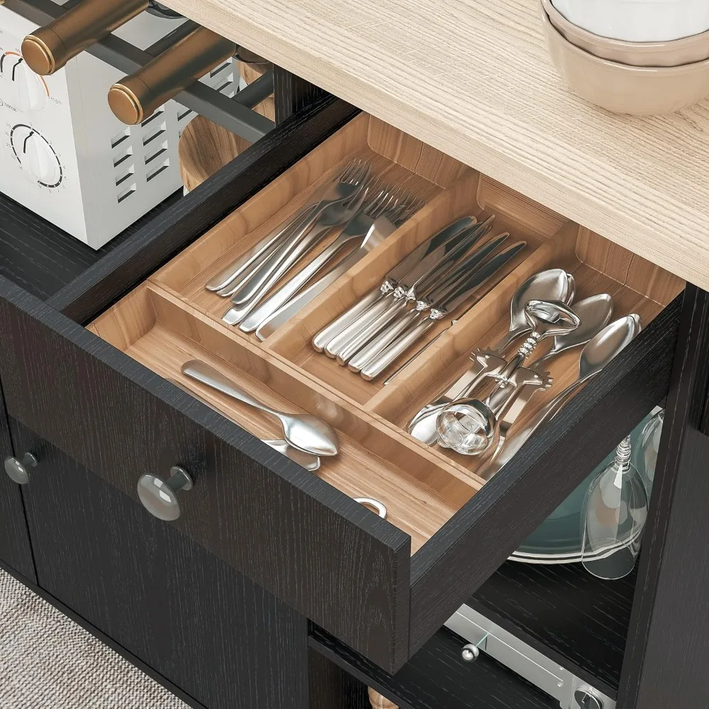 Carrello con isola da cucina con ribaltamento, portabottiglie, portabottiglie per microonde, cassetto e ripiani, nero