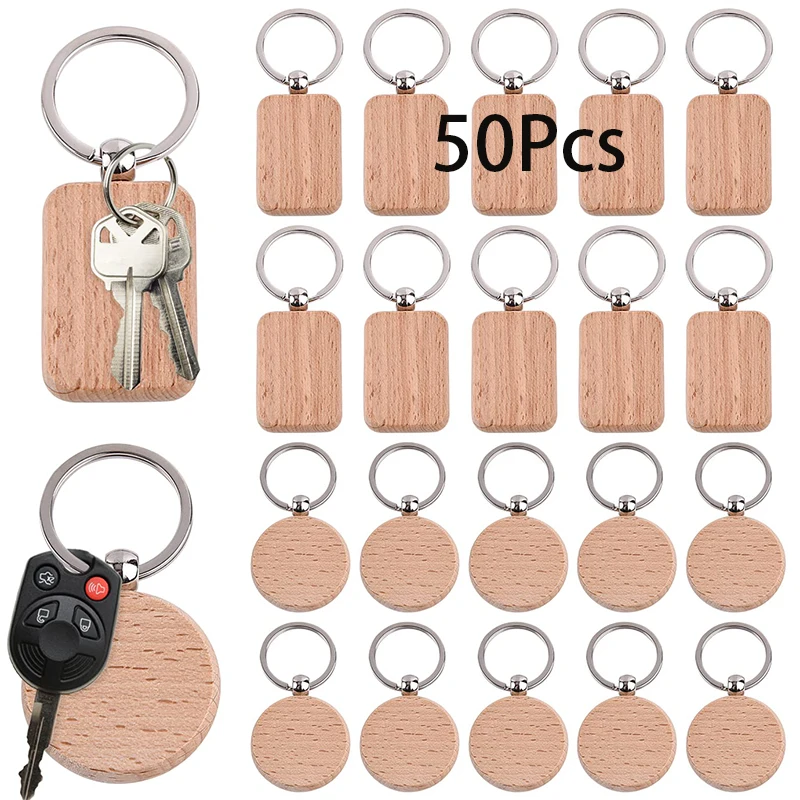 50Pcs Wood Key Ring Blank Craft Wood Blank Wooden Signs for Crafts Wood Keychain