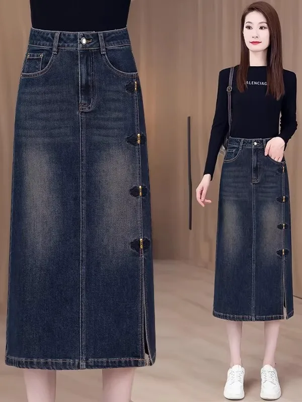 

High Waist Slimming Mid-Length Denim Skirt Women's Spring New Sle Side Slit One-Step Skirt Breathable Skin-Friendly A-Line ...