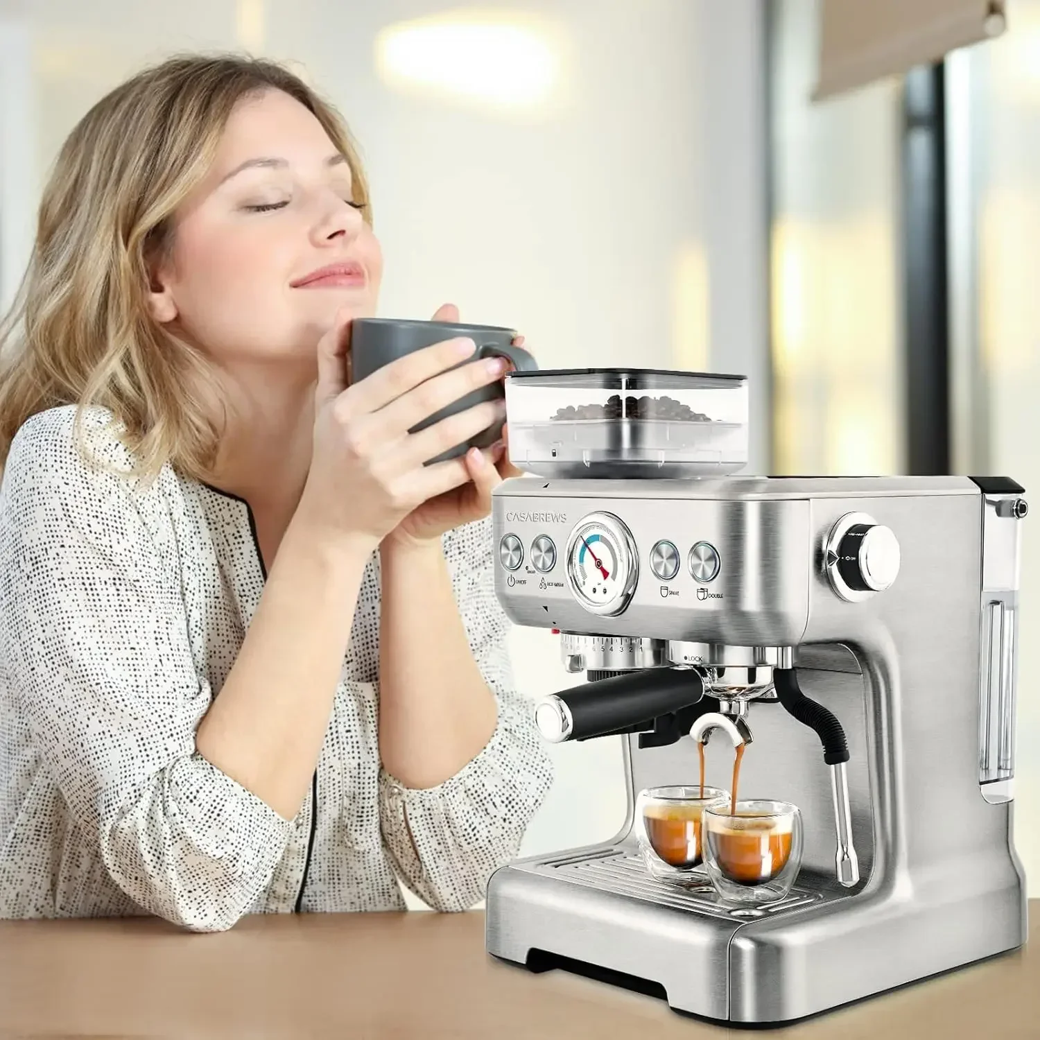 Máquina de café expresso casabrews com moedor, máquina de café expresso profissional com varinha de vapor de espuma de leite, máquina de café com leite barista