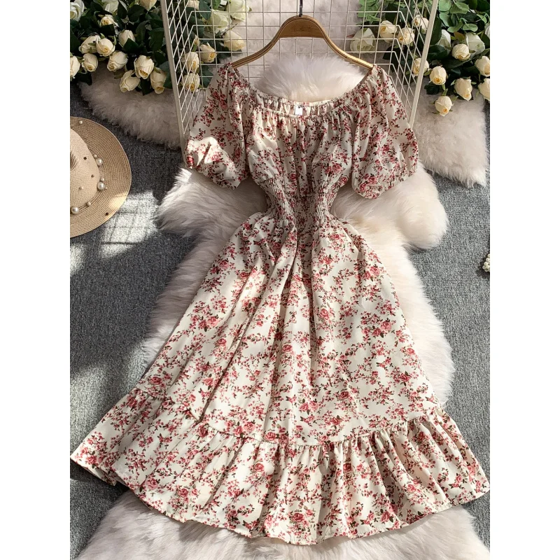 Boho Vintage Blumendruck sexy schulterfreies Midikleid Party Rüschen Frauen Sommer Vestido de Festa Strandurlaub A-Linie Kleid