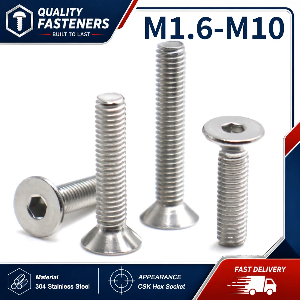 2-50PCS M1.6 M2 M3 M4 M5 M6 M8 M10 304 Stainless Steel Hex Socket Flat Countersunk Head Allen Machine Screws Flat Cup Bolts
