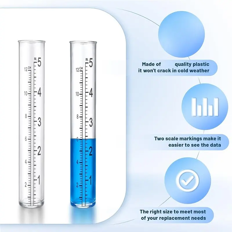 ABKP-Plastic Rain Gauge Replacement Tube 5 Inch Capacity 2Pcs Dual Scale Outdoor Freeze-Proof Accurate Rainfall Measurement