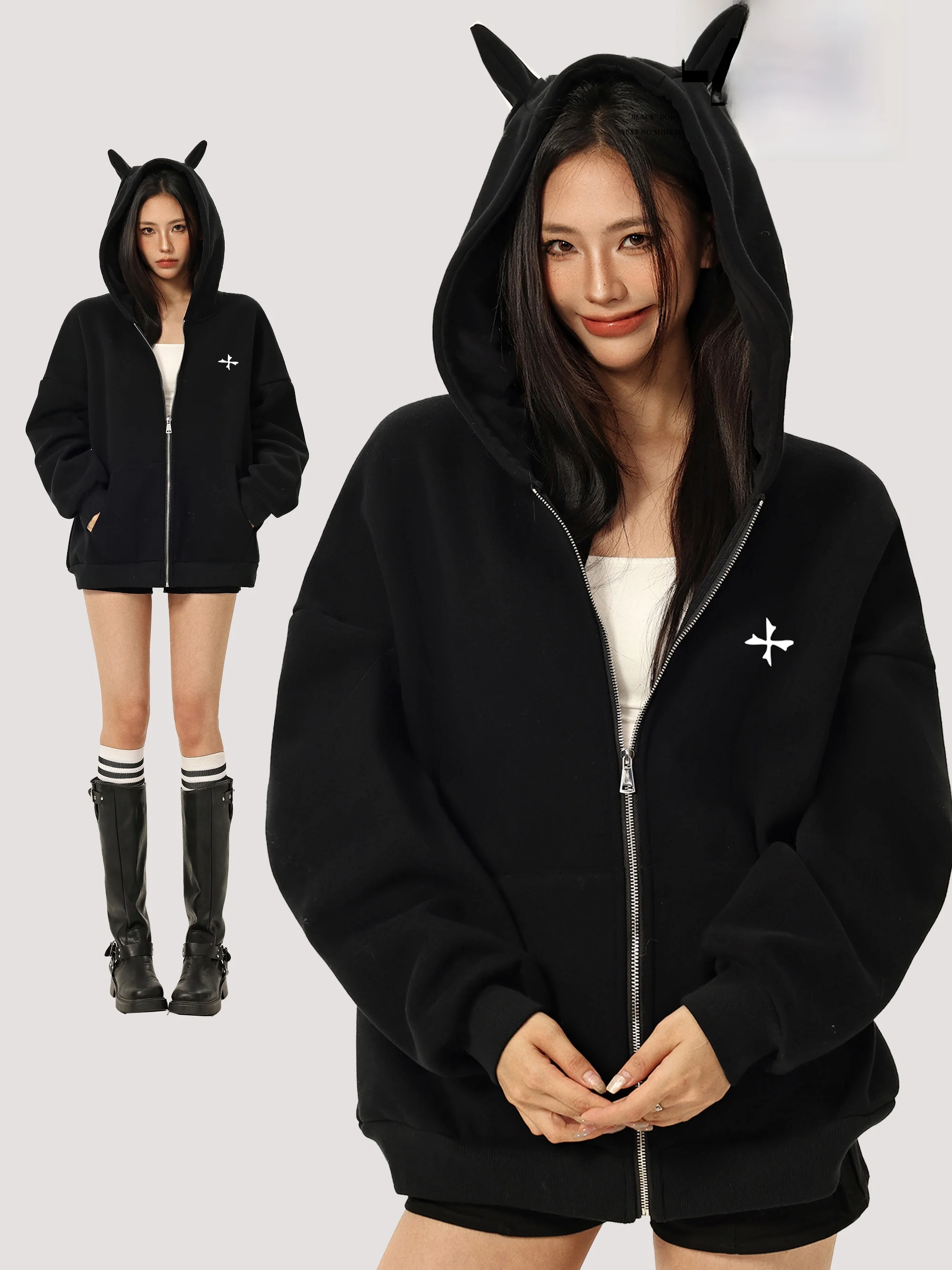 

Женский кардиган LmziHei Little Devil с капюшоном, осенне-зимний, в американском стиле, свободный, на молнии, толстовка