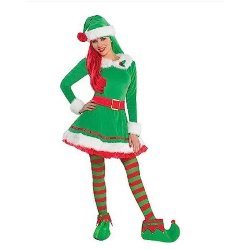 Elfo di natale babbo natale Costume Cosplay vestito verde vestito vestiti a righe per natale capodanno fornitura festa di Halloween donna uomo