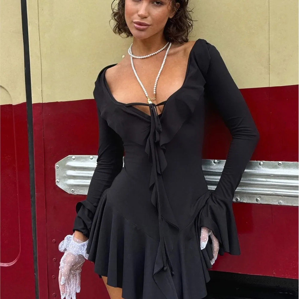 

Spring Summer Elegant Casual Dress Solid Color Slim Fashion Sweet Ruffled High Waist Trumpet Long Sleeve Strappy Short Dresses