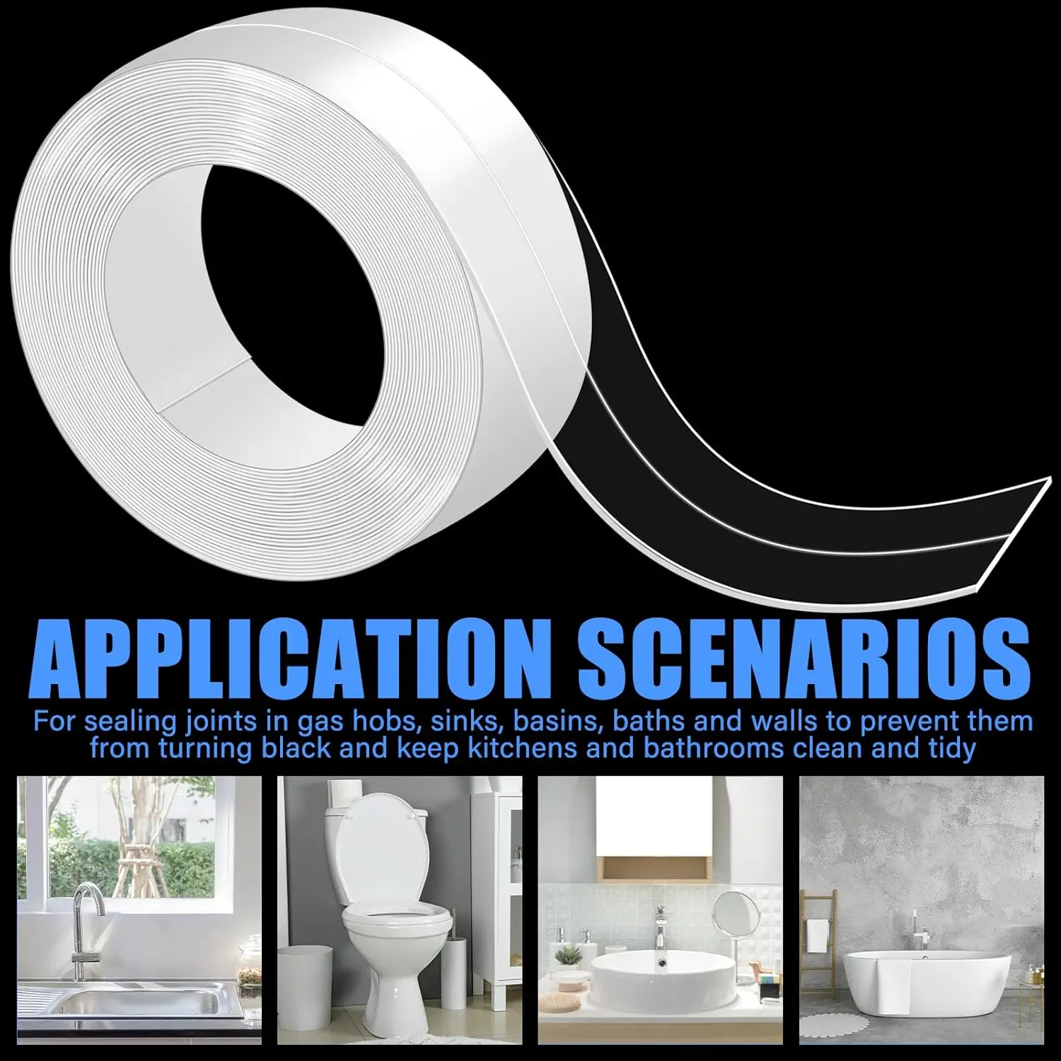 Cinta de calafateo transparente, tira de calafateo autoadhesiva impermeable, cinta selladora para bañera, Protector de borde de pared para suelo de cocina (PVC)