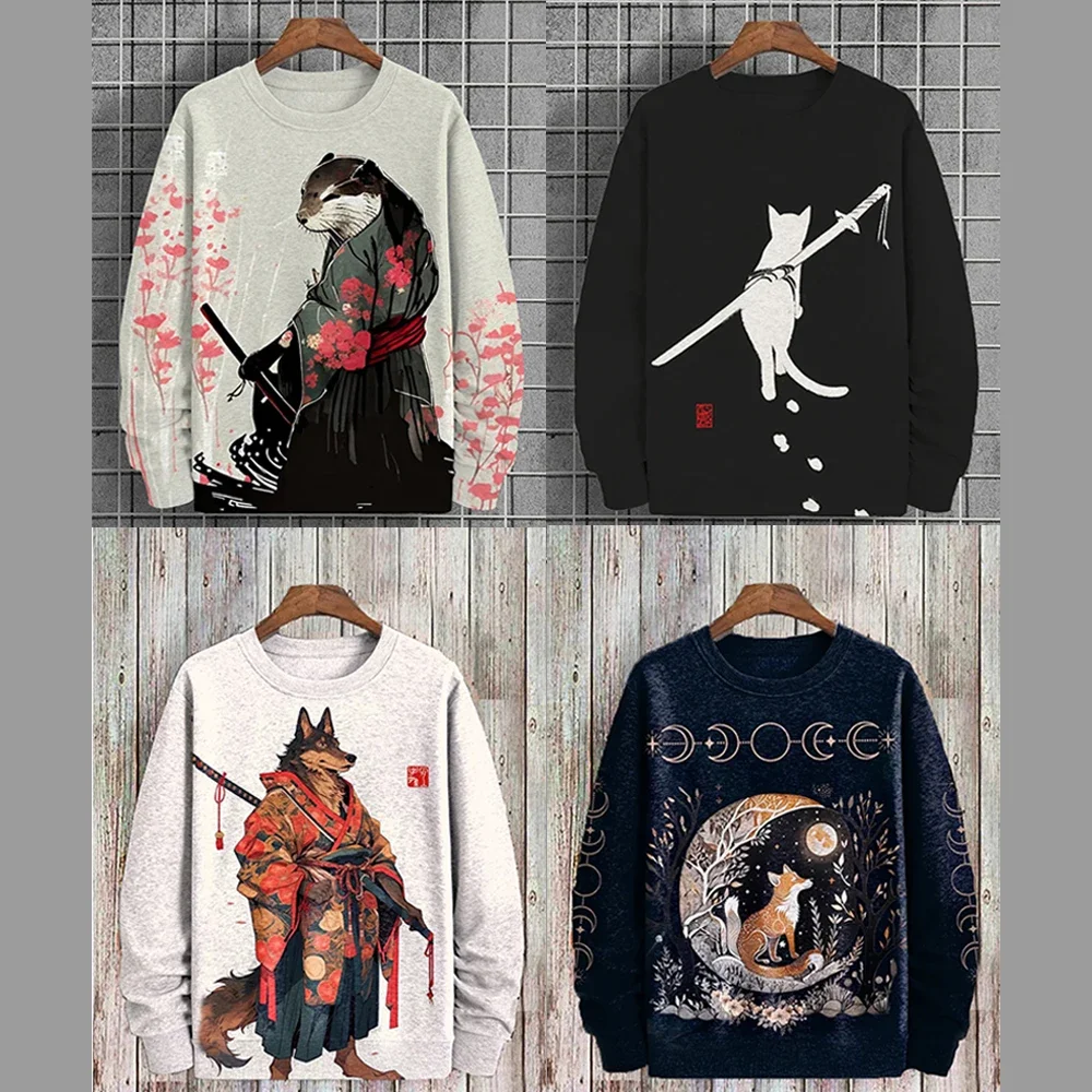 2024 Men's Long Sleeve Spring and Autumn Funny Animal Warrior Art Cartoon Print Street Casual Men's and Women's Couple Sweatshir