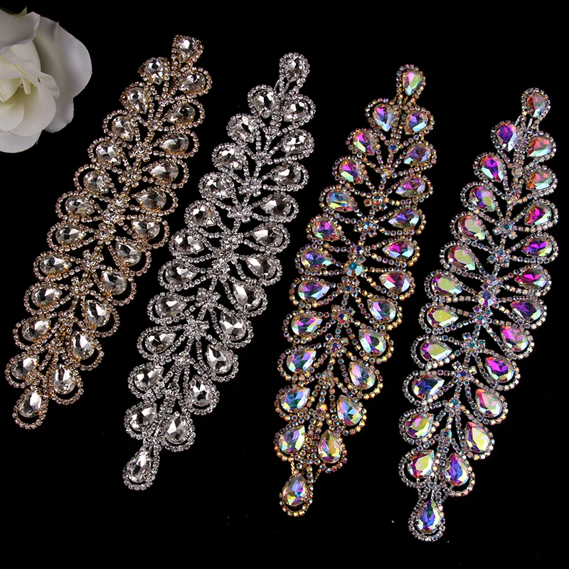 Gold and Silver Crystal Rhinestone Applique for Dress, Headband DIY Crafts Sewing, 8.7*2.2 Inch, 22.2*5.6 cm