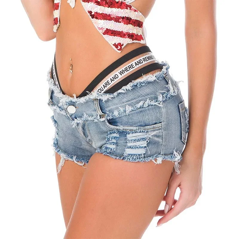 

Sexy Ripped Pocket Pole Dance Thong Bar Club Shorts Women Jeans Denim Hole Micro Ultra Low Waist Lace Up Clubwear Cortos Mujer