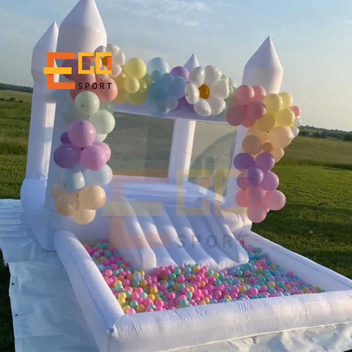 Oxford White Bounce House mit Rutsche und Ball grube für Kinder Soft Play Party Event Vermietung Heimgebrauch mit kostenlosem Versand zur Tür