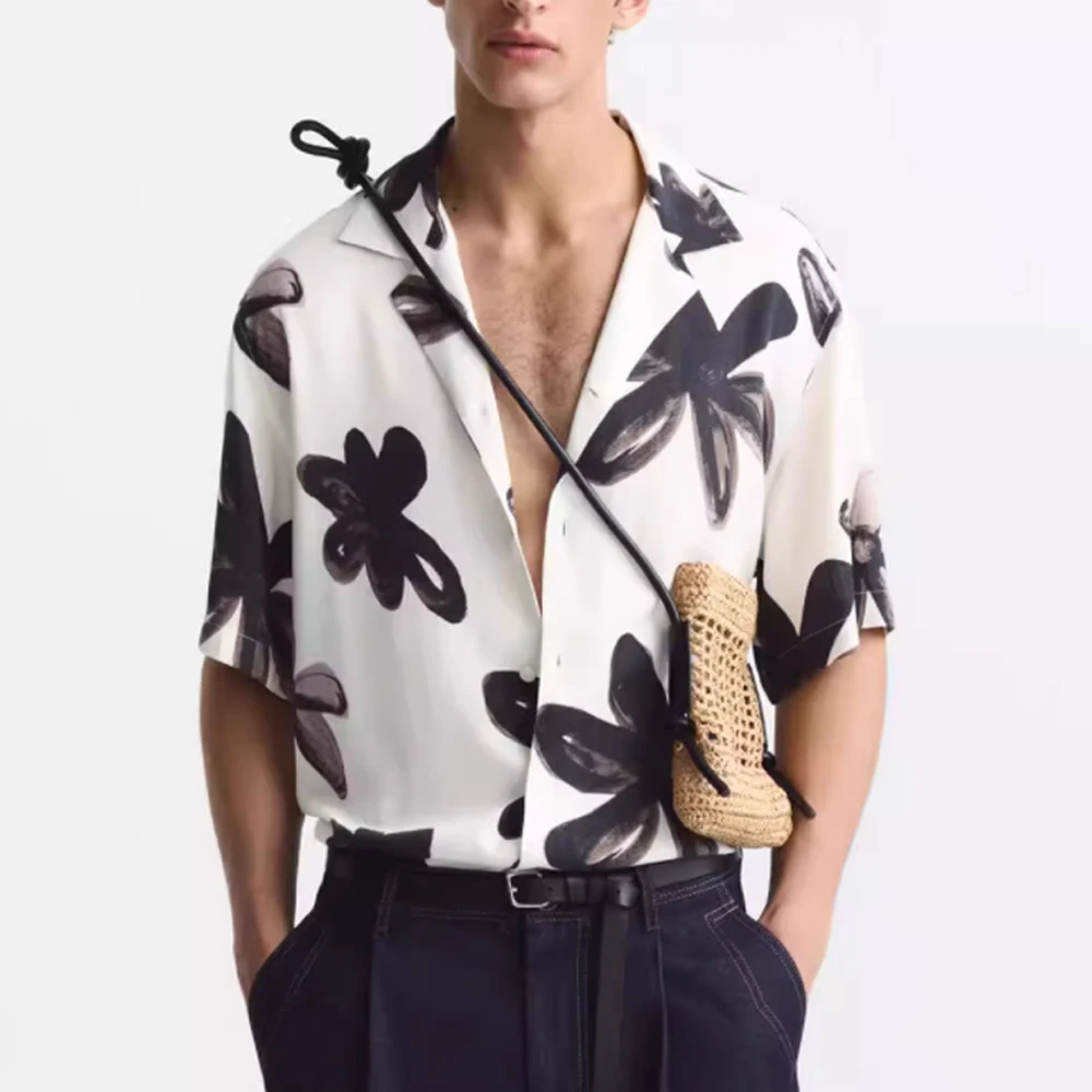 

New men's fashion loose half-sleeve brush stroke color block painting print casual short-sleeve shirt