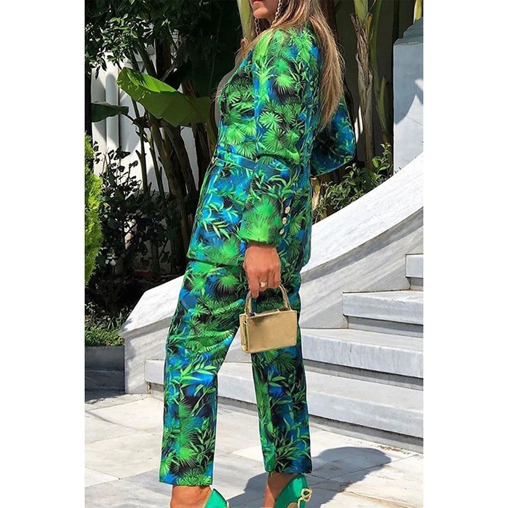 Plus Size Business Casual Pant Set Green Print Lapel Long Sleeve Blazer Suit Two Piece Pant Set