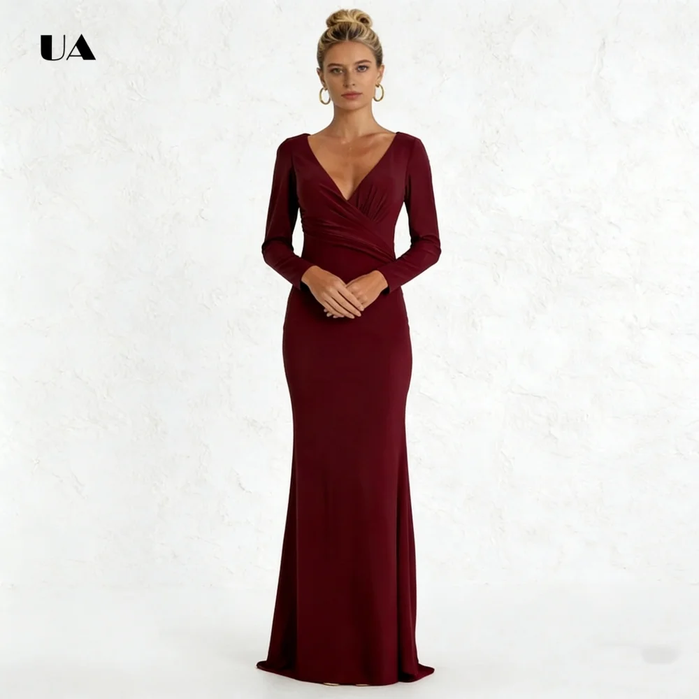 ULBYANRY ストレートプロムドレス 長袖 ソリッドディープ V ネック イブニングドレス 女性用 エレガント プリーツ カスタマイズされたパーティードレス