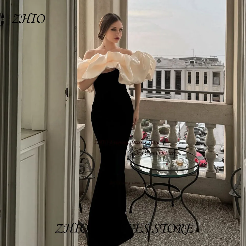 

ZHIO New Design Contrast 2 Colors Satin Evening Gown Big Flower Ruched Mermaid Party Dress Off-Shoulder Prom Gown Customized