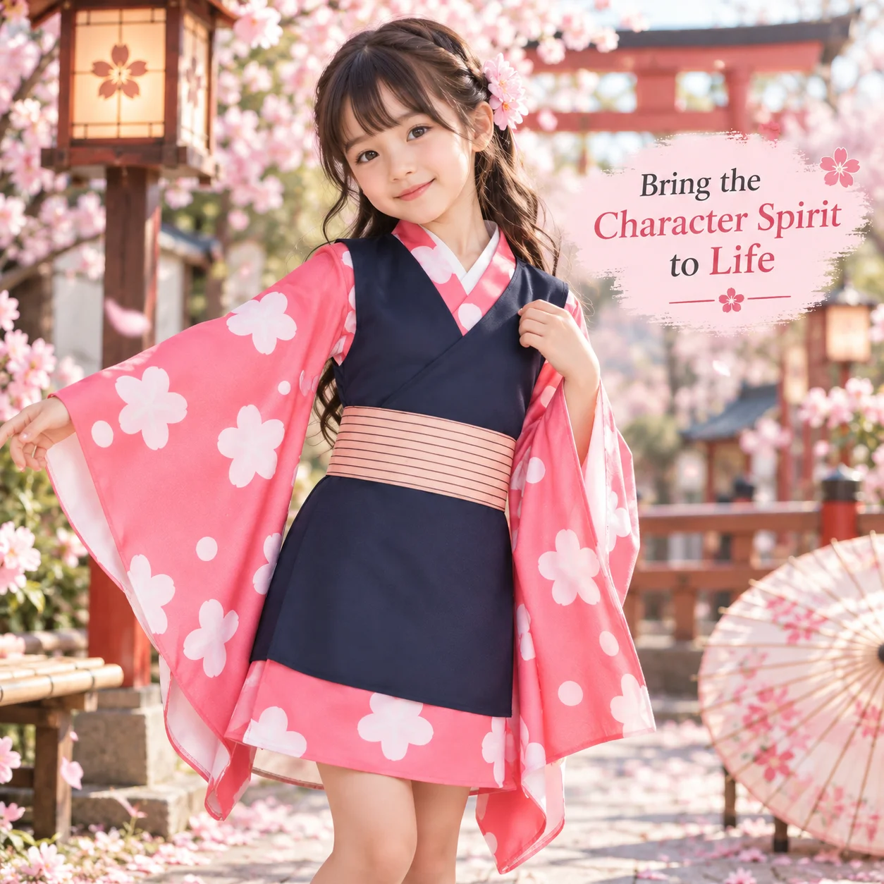 Japanischer Kimono mit Sakura-Druck, Cosplay-Komplettset, rosa geblümter Langarm-Kimono mit dunklem ärmellosem Übermantel und gestreifter Taillenschärpe, Kostüm-Outfit für Halloween-Themenpartys.