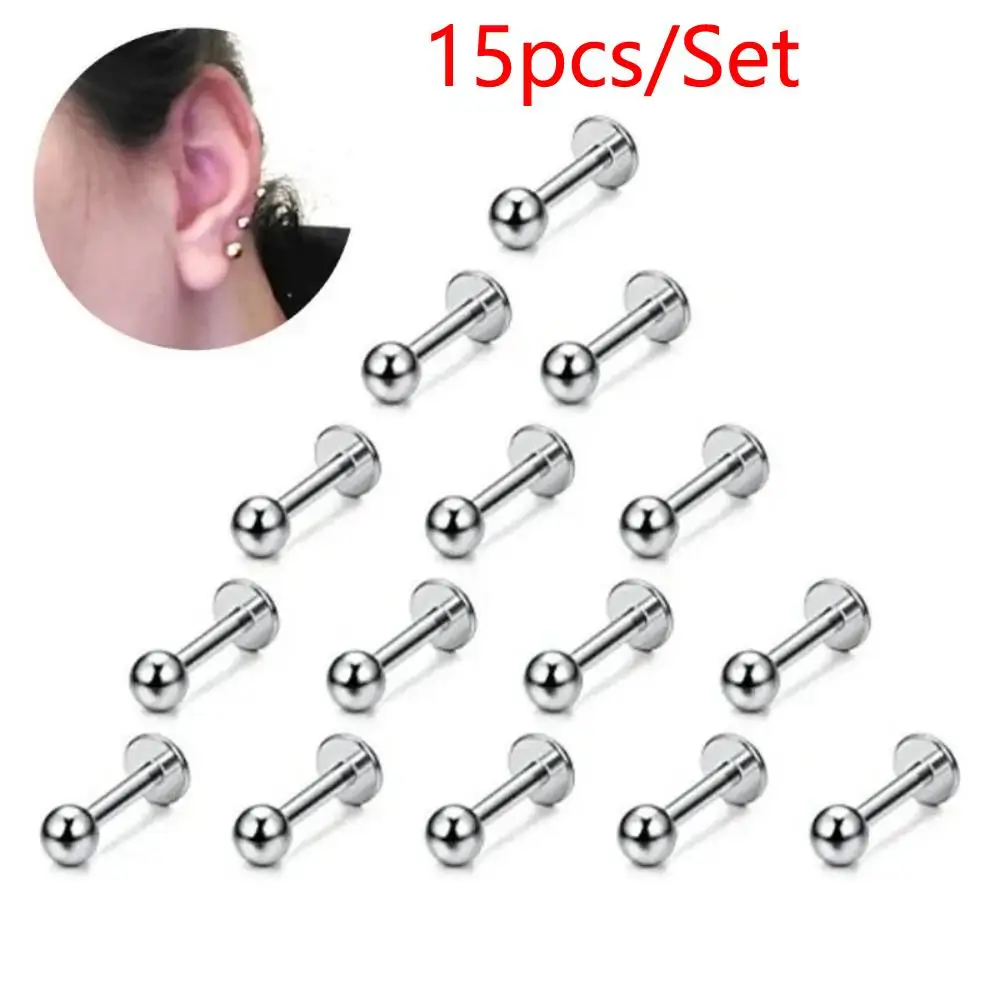 15Pcs Stainless Steel Lip Rings Labret Nose Studs Piercing Nose Studs Cartilage Tragus Helix Earring 16G 6/8/10/12mm